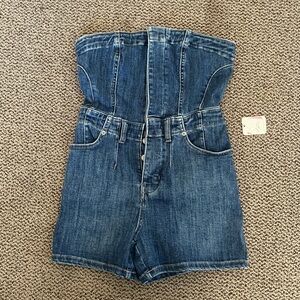 Free People Strapless Denim Romper in Blue